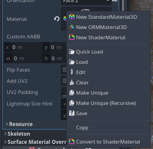 Screenshot, StandardMaterial3D right-click menu with option for Convert to ShaderMaterial